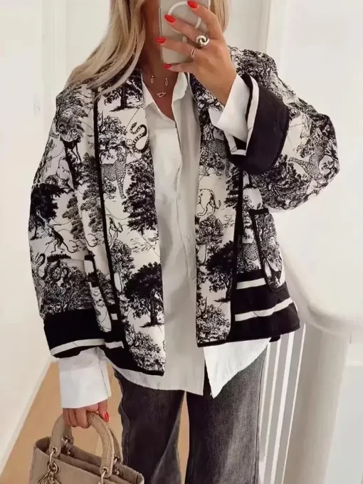 Veste Premium  " Christian " imprimé toile de Jouy jungle taille unique 36 au 44 - Noire 