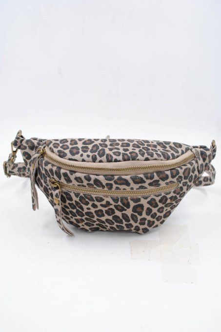 Sac banane cuir véritable imprimé leopard 