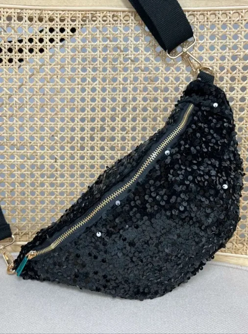 Grand sac banane en sequins noir 