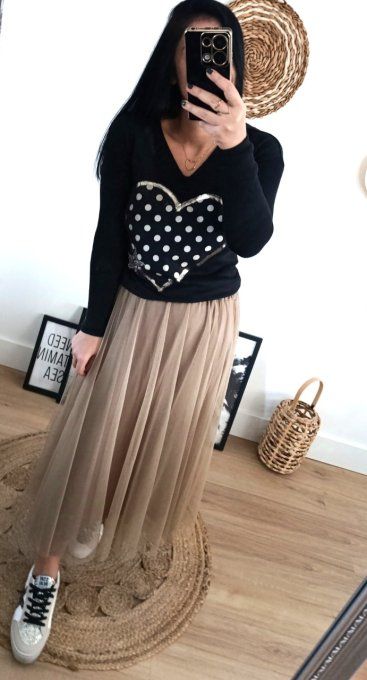 Pull noir grand coeur et étoile - Taille unique 34 au 38 