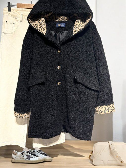 Manteau effet bouclette intérieur léopard noir