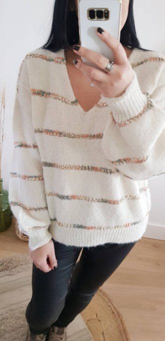 Pull Lana beige avec lignes colorées pastelles et du lurex