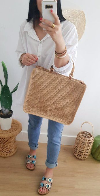 Sac tendance beaux jours en raphia camel avec anses bois style bambou 