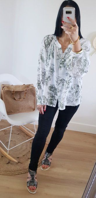 Blouse toile de Jouy kaki taille unique jusqu'au 42