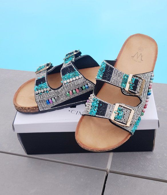 Mules " Mykonos "  perles multicolores 2 brides réglables semelle liege