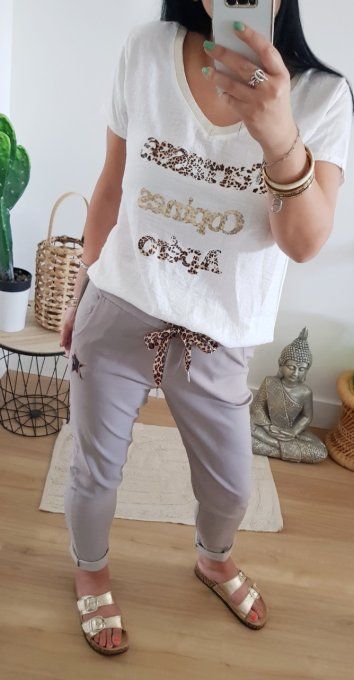 Pantajog taupe avec rubans leopard et étoile  tencel jean taille unique 36 au 42