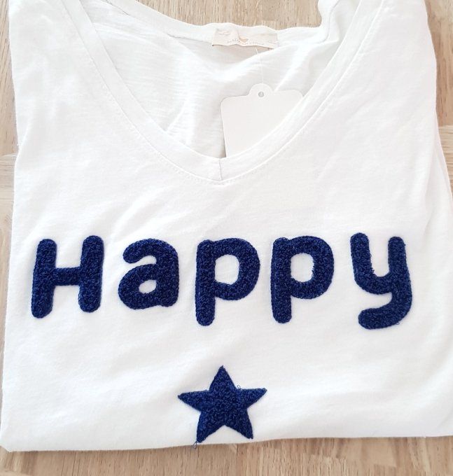 Tee shirt blanc inscription Happy en bleu royal taille unique jusqu'au 42