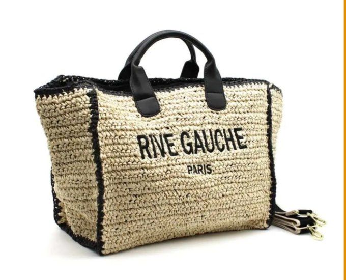 Sac été  inscription Rive Gauche matière naturelle et anses simili cuir . BLANC 