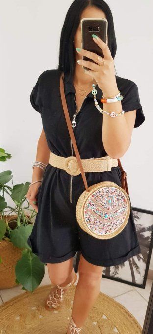 Joli sac rond avec perles colorées en raphia