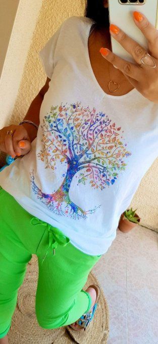 Tee shirt arbre de vie avec petits clous argentés  2 variantes - Taille unique 36 au 42