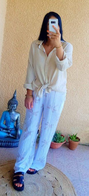 Pantalon gaze de coton blanc imprimé palmiers