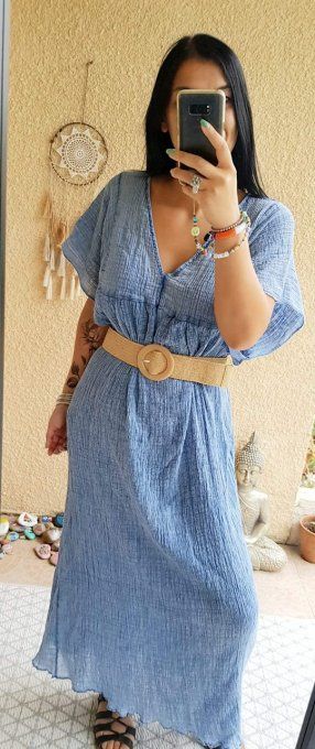 Robe longue en gaze de coton bleu . TAILLE UNIQUE JUSQU'AU 46