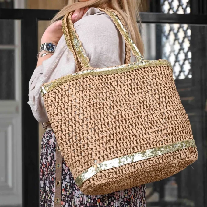 Beau sac raphia camel avec sequins dorés