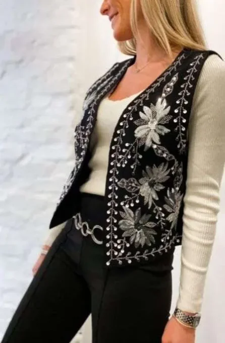 Gilet sans manches noir " Casa "broderies et sequins S.M ou M.L