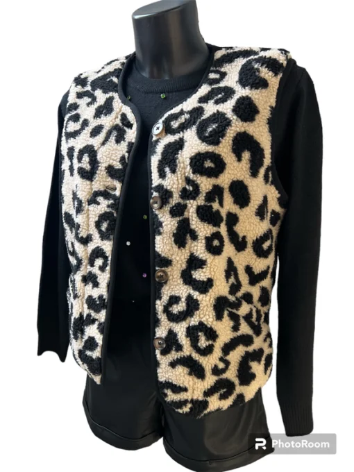 Gilet sans manches effet moumoute imprimé leopard