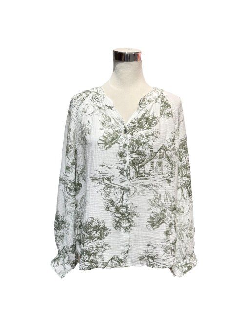 Blouse toile de Jouy kaki taille unique jusqu'au 42