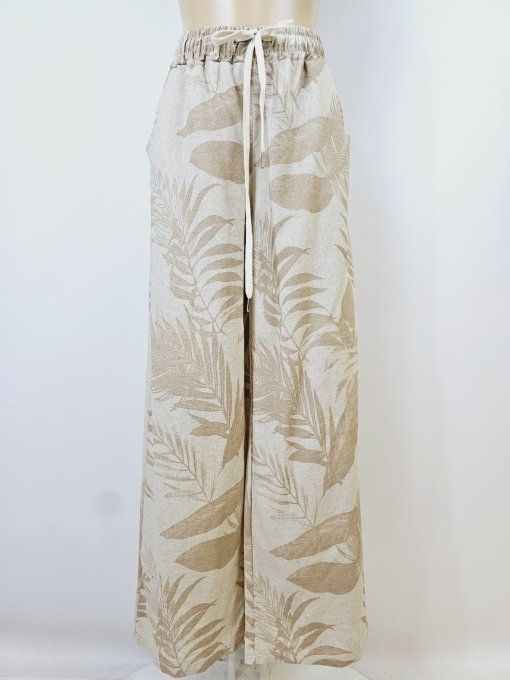 Pantalon en  Lin imprimé tropical camel palmiers sur fond beige. Taille unique 36 au 42