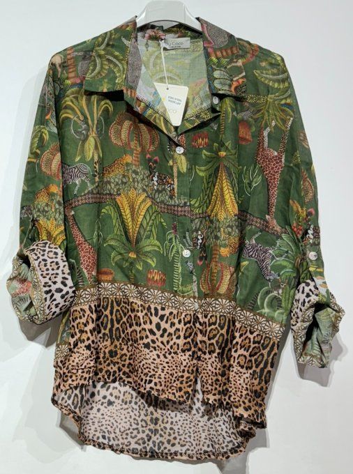 Chemise esprit jungle en coton kaki ou beige - Taille unique jusqu'au 42