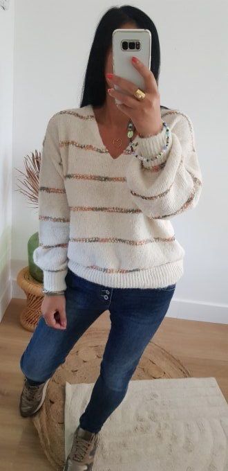 Pull Lana beige avec lignes colorées pastelles et du lurex